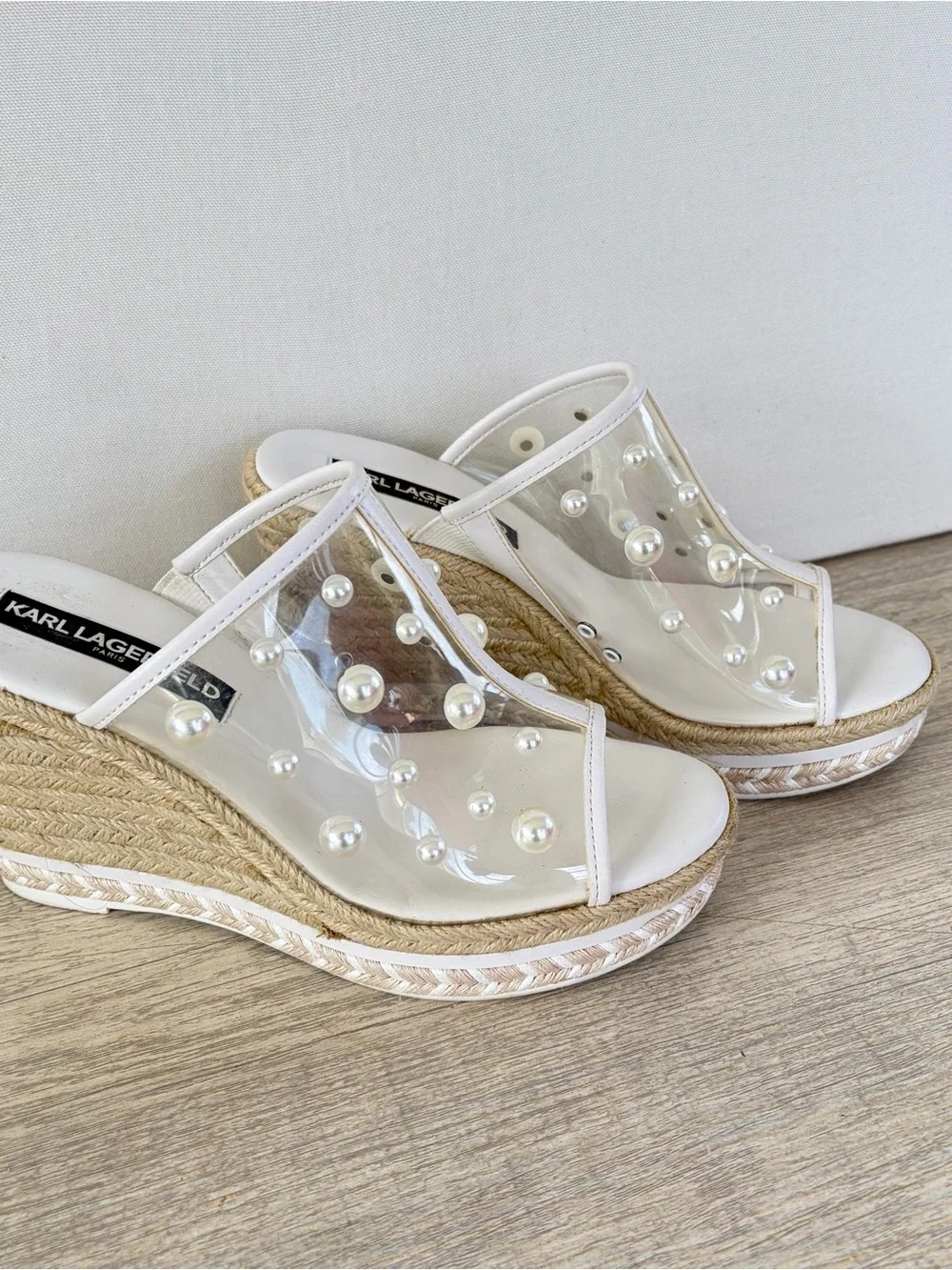 Karl Lagerfeld Paris Corissa wedge sandals Espadrilles Pearls Womens 36 6 White